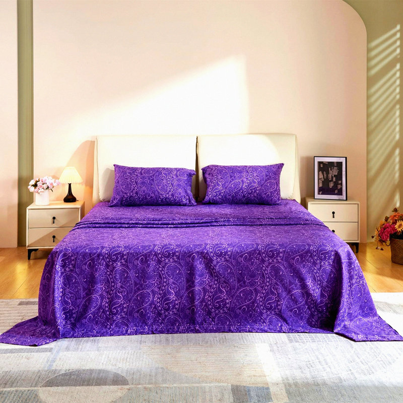 Purple Paisley Flower Dream Twin Size Sheet Set - Microfiber Soft Breathable Deep Pocket Fitted Bedding Set with 1800 Thread Count