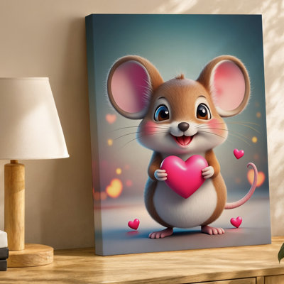 Toile, une jolie souris de style dessin animé tient joyeusement un art mural lumineux, un cœur rose dans ses minuscules pattes, mettant en vedette un art mural sur toile joyeux