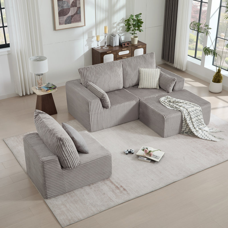 108" Modular Sofa Corduroy Modern L Shaped Sectional For Living Room Compression, Light Gray Corduroy