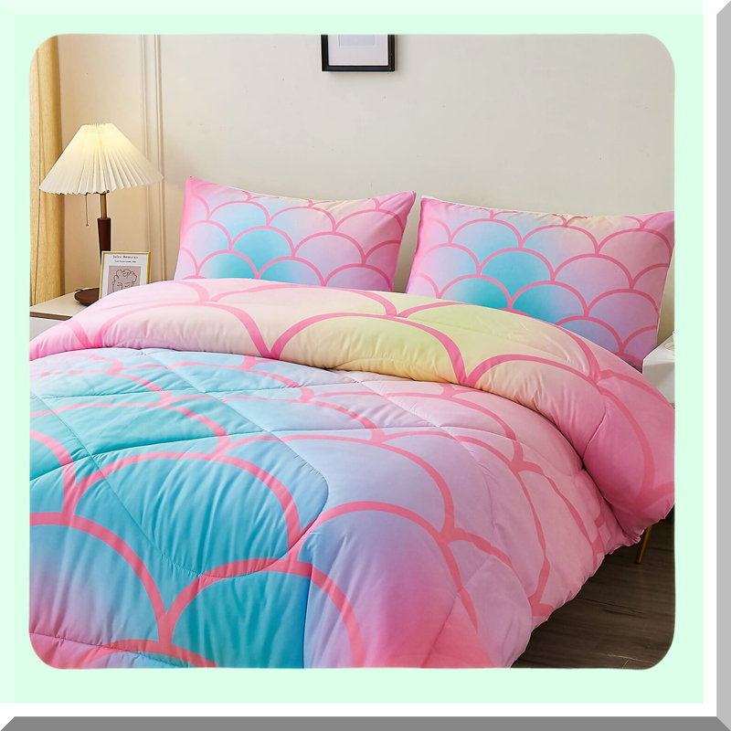 Mermaid Scales Comforter Set - Fish Scale Pattern Bedding with 2 Pillow Shams, Decorative Fantastic Fish Design, Seamless Pattern Comforter Set