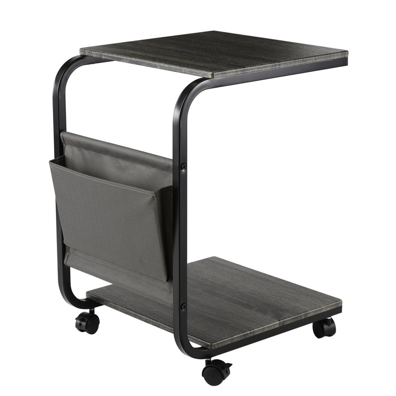 Rustic Ashwood and Black Metal Rolling C-Shaped End Table