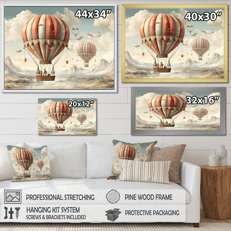 A Playful Hot Air Balloon Bliss II - Art mural en montgolfière, Toile tendue, H 16 po x l 32 po x P 1 po