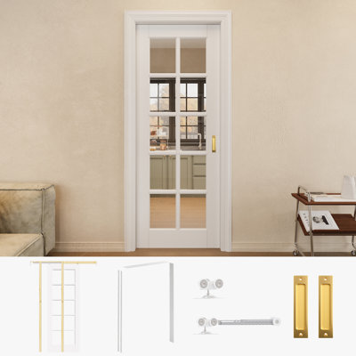 Porte de garde-robe coulissante en verre transparent de 30 po x 80 po à 10 verres avec quincaillerie dorée et cadre / poignée de porte blanche