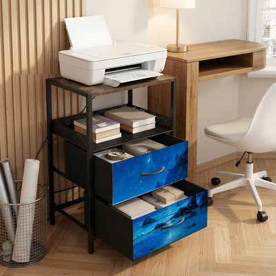 Table de chevet 2 tiroirs avec station de charge, table de chevet pour chambre à coucher avec ports USB, tablette ouverte noire, table de chevet avec papillons bleus lumineux par Seaside sous un croissant de lune