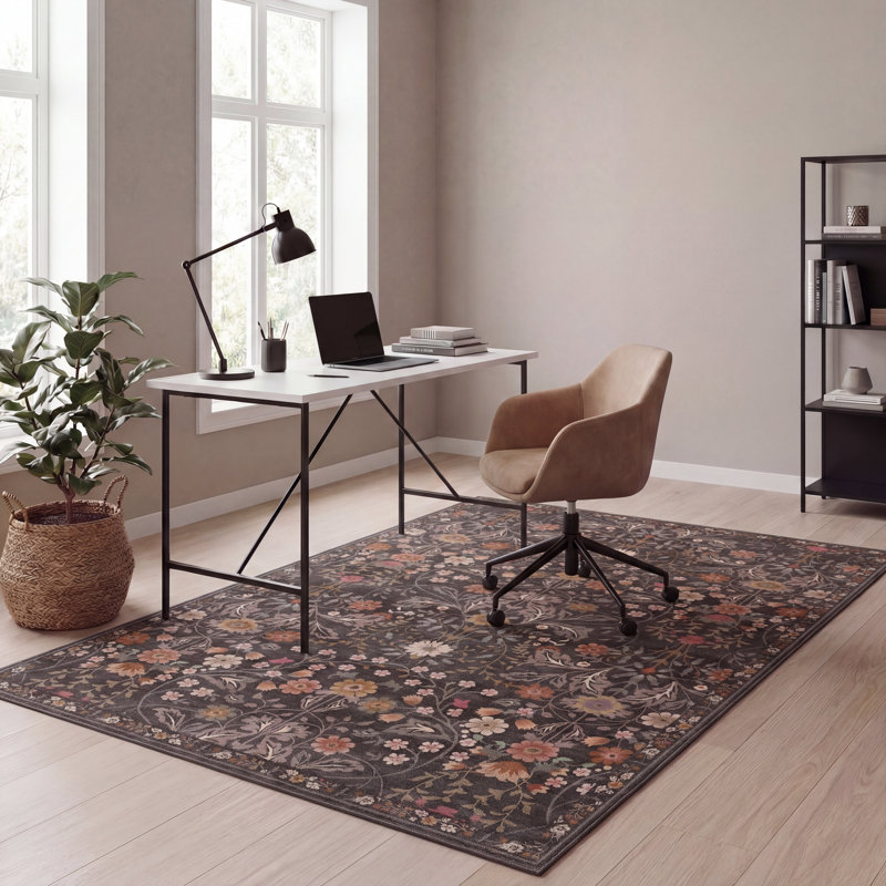 Primrose Art Nouveau Floral Border Machine-Washable Rug, Rectangle 4' x 6', Taupe/Multi