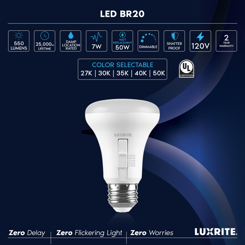 Ampoule DEL Luxrite BR20 7W = 78W 5CCT 2700K 3000K 3500K 4000K 5000K, intensité variable, 550 lumens, ampoule DEL à culot moyen homologuée UL, paquet de 12 à culot moyen E26