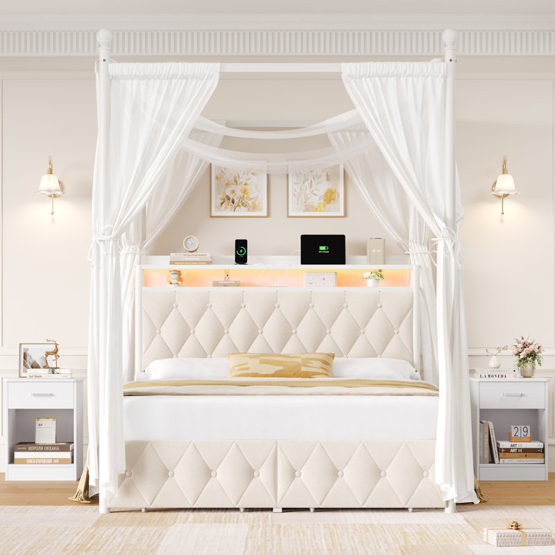 Ensemble de lit à baldaquin 3 pièces - Tête de lit à DEL avec charge USB / Type-C, structure en métal robuste, poteaux amovibles + 2 tables de chevet assorties