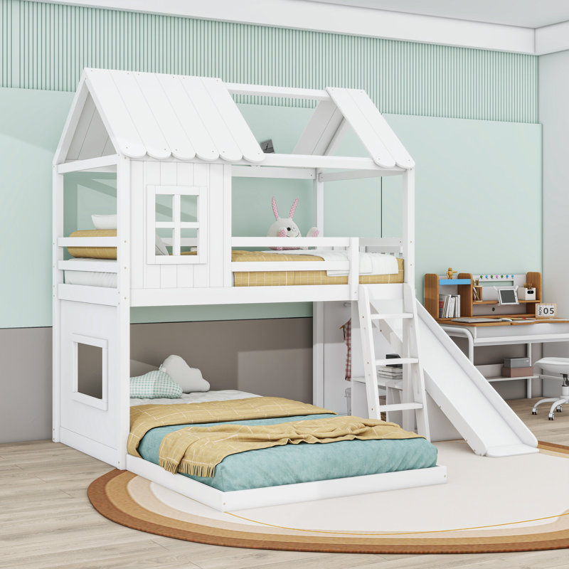 Lit superposé avec glissade, garde-robe et tablettes House, White