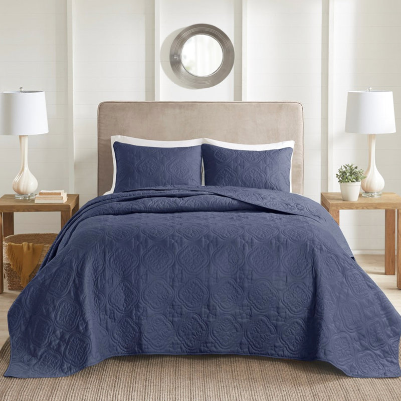Couvre-lit réversible bleu marine double / grand - microfibre et 100%, lavable à la machine, mélange de styles, rembourrage, motif en médaillon, biélorusse