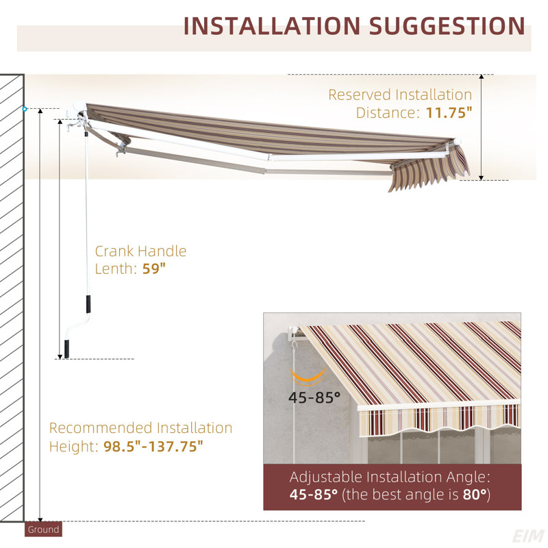 Retractable Awning, Patio Awnings, Sunshade Shelter W/ Manual Crank Handle, UV & Water-Resistant Fabric And Aluminum Frame For Deck, Balcony, Yard