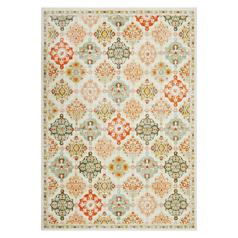 Tapis à motif floral en damier Boho, Orange