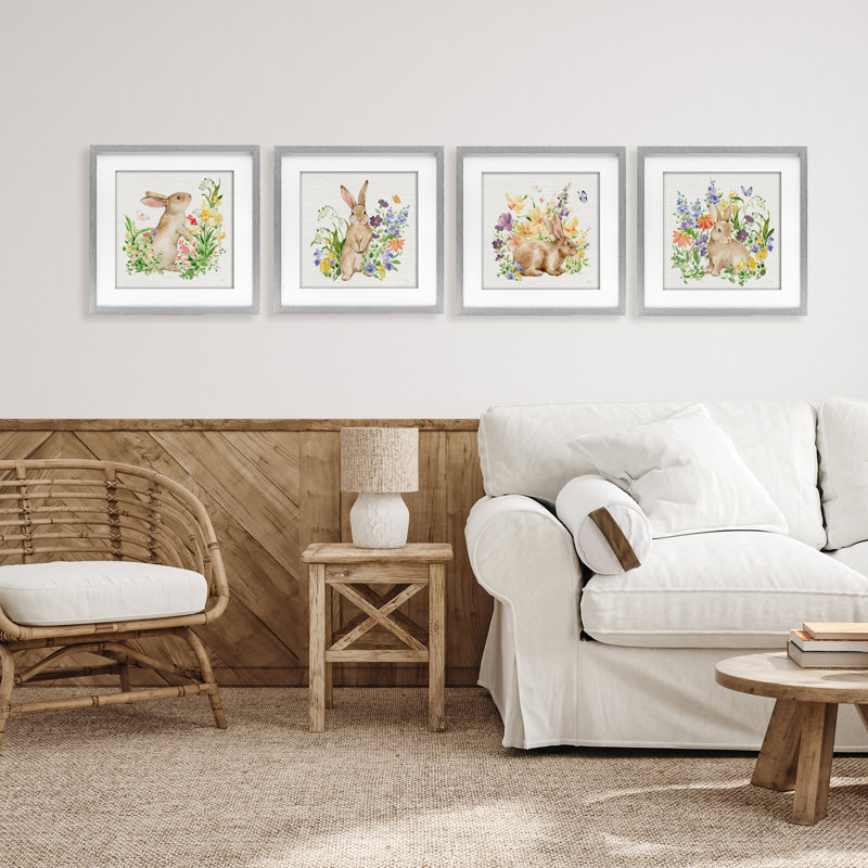«Celebrate Spring Floral Bunnies», ensemble de 4 impressions encadrées sous verre, design par Katrina Pete, H 16 po x l 16 po