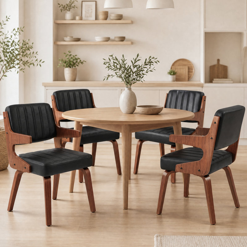 Mid-Century Modern Faux Leather Upholstered Dining Arm Chairs Set of 4, Wood Frame Side Chairs for Dining Room, Kitchen and Living Room