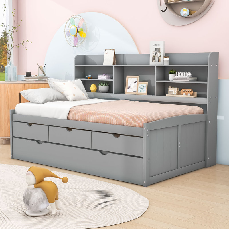 Amande Twin Wooden Captain Bed with Bookcase Headboard, Three Storage Drawers and Twin Trundle, Light Gray