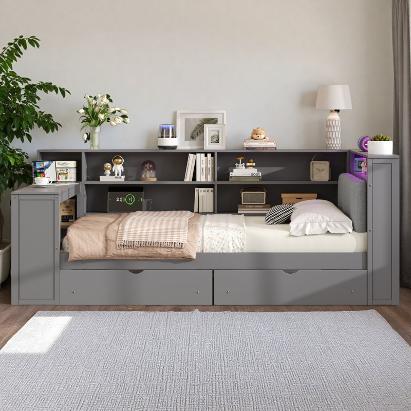 Lit plateforme double avec tablettes et tiroirs de rangement, Grey, Full