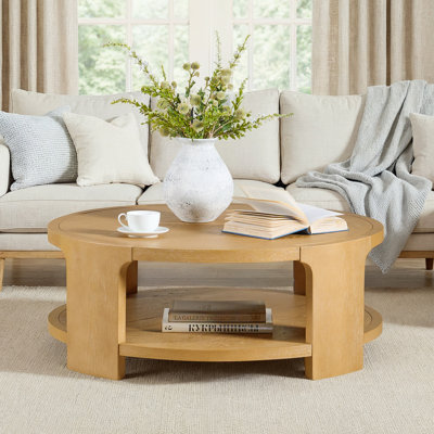 Waynesville Promise 42"W Modern Farmhouse Oak Solid Wood Round Coffee Table with Open Lower Shelf