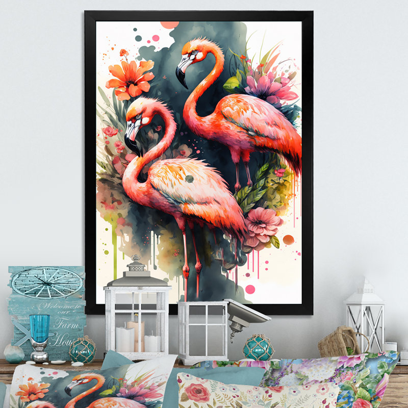 Mignon flamants roses - Peinture sur toile, Cadre photo noir, H 20 po x l 12 po x P 1 po