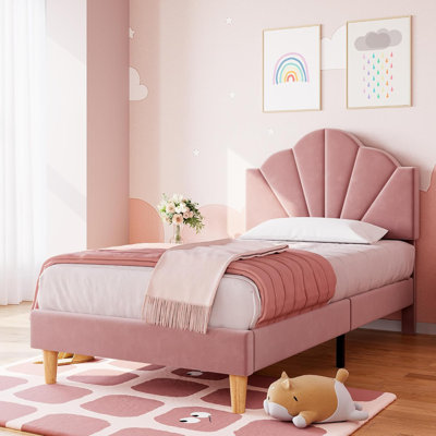 Twin XL Size Light Pink Velvet Upholstered Platform Bed Frame For Boys Girls With Height Adjustable Headboard Wood Slat Support Easy Assembly No Box Spring Needed