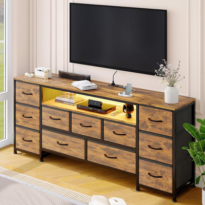 Spacious 63 Inch Office Computer Desk with 11 Drawers, Power Outlets, LED Lighting, Open Shelves – Large Storage Workstation for Home Office, Study, or Workspace, Wood Color