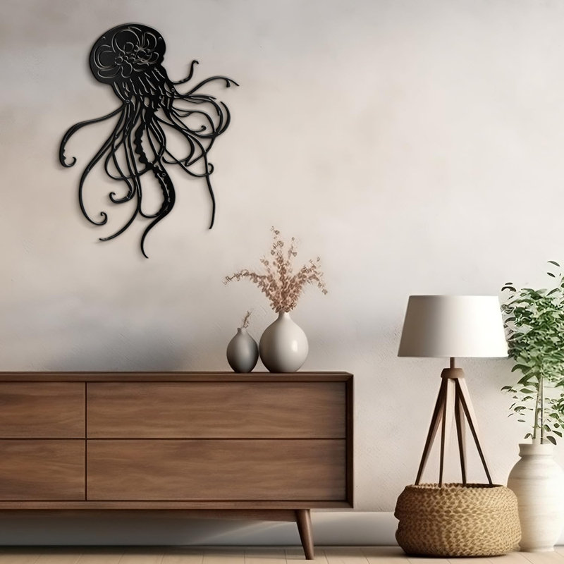 "Jellyfish" - Nautical Animals Iron Sculpture Metal Wall Art Modern Decor, 36" H x 36" W x 0.05" D, Black