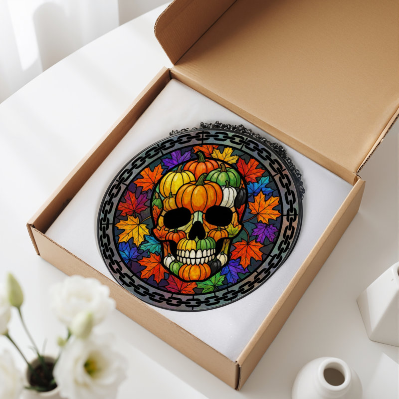 12"H Skull Pumpkins Stained Glass Window Panel
