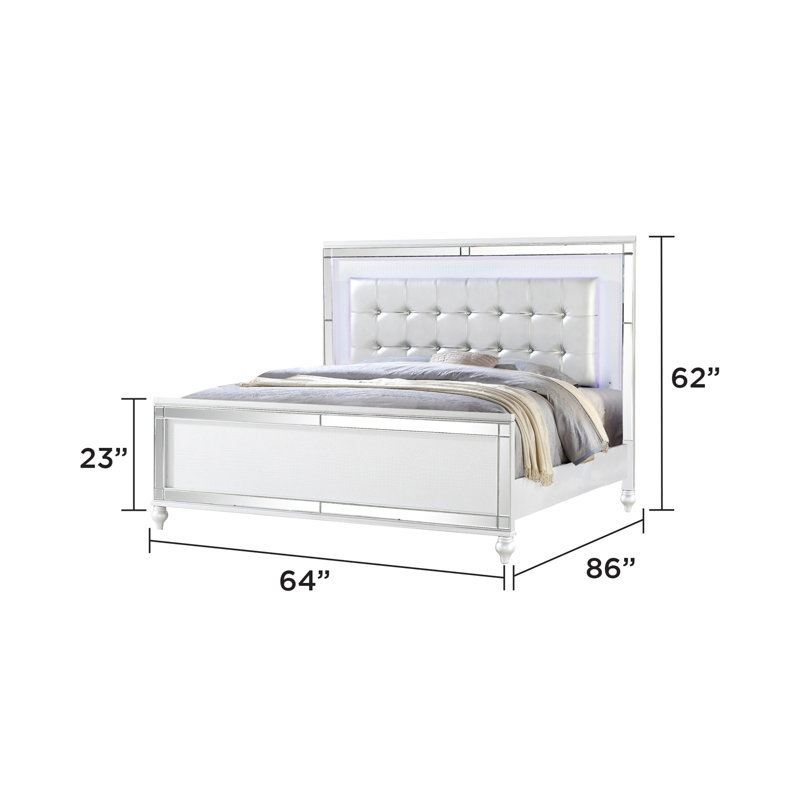 Denard Upholstered Standard 4 Piece Bedroom Set, White, Queen, 4 Pcs: Bed, Nightstand, Dresser, Mirror