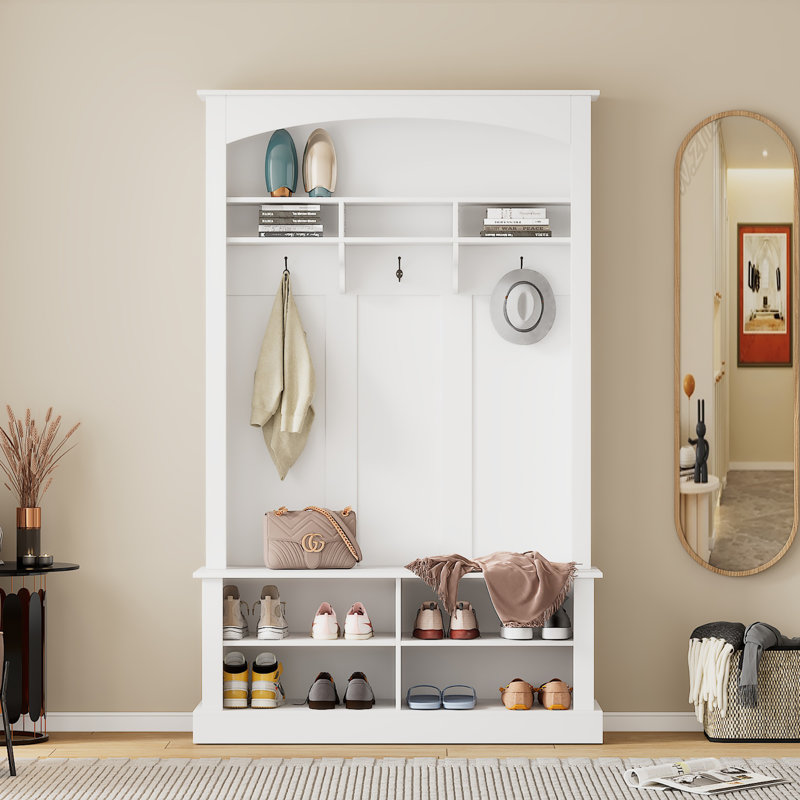 Portemanteau de 47,2 po de largeur avec banc de rangement, portemanteau multifonctionnel avec 3 crochets, tablettes ouvertes et rangement pour chaussures, blanc