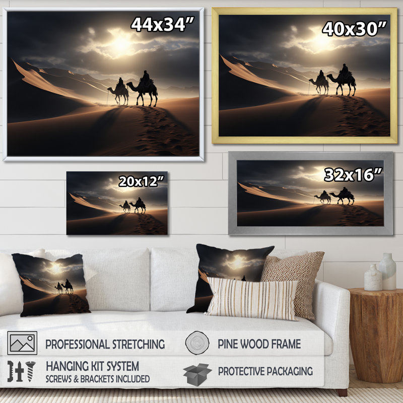 " Camel Majestic Caravan ", 12" H x 20" W x 1" D, Gold Floater Framed