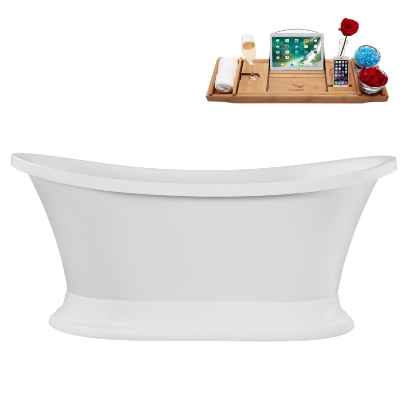 59" Streamline Soaking Acrylic Freestanding Bathtub, Bamboo Tray, Drain, Matte Oil Rubbed Bronze