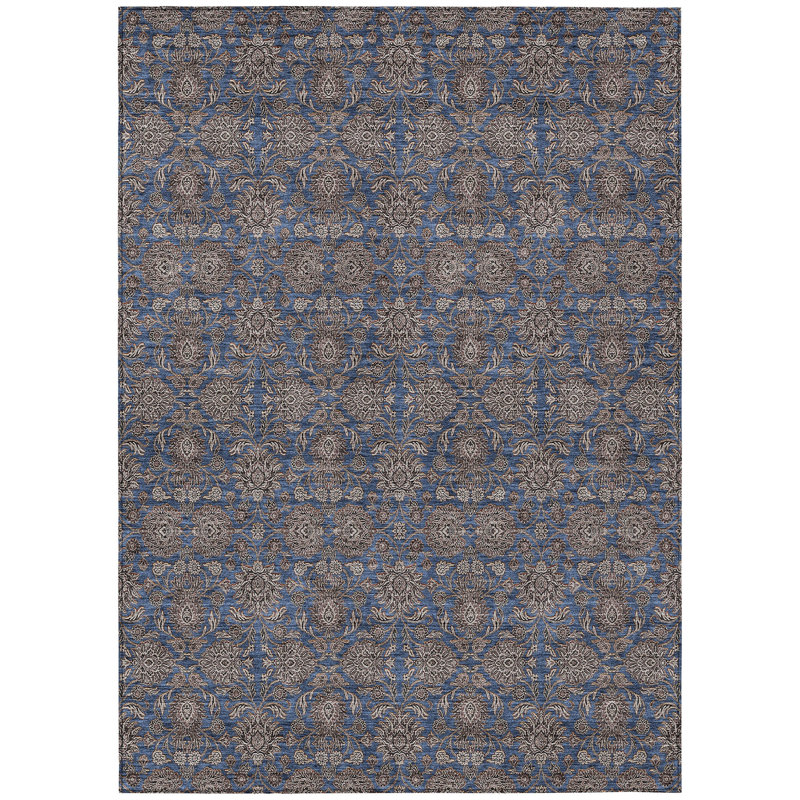 Tapis extérieur lavable floral bleu marine beige et taupe 5 pi x 8 pi