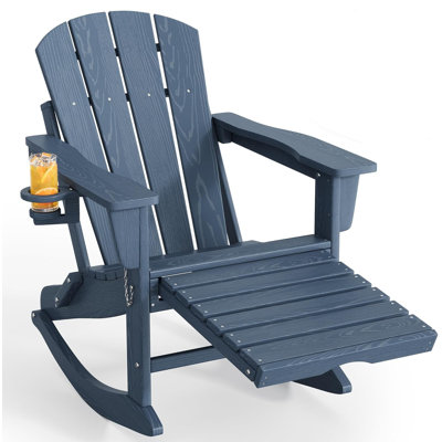 Chaise berçante pliante Adirondack avec repose-pieds rétractable en PEHD d'extérieur toutes saisons en bois texturé avec porte-gobelet pour terrasse