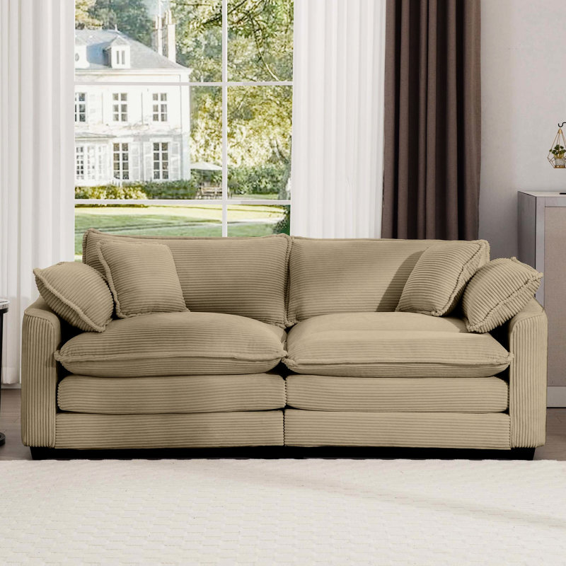 Velours côtelé moderne brun clair, 2 avec 4 coussins, complétant le design tendance de la pièce