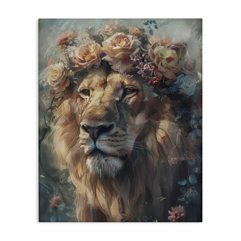 Lion avec une guirlande de roses, design par Arlington Prints, H 30 po x l 24 po