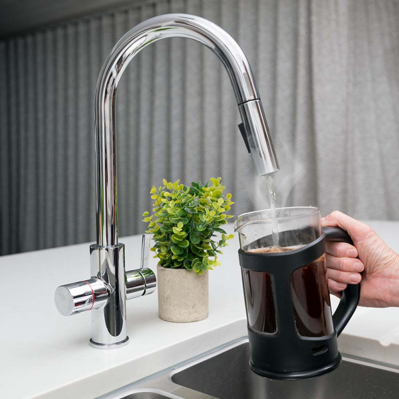 4-in-1 Instant Boiling and Filtered Water Tap with Pull-Out Spray - C-Shape - 2.4 Litre Boiler, Matte Black