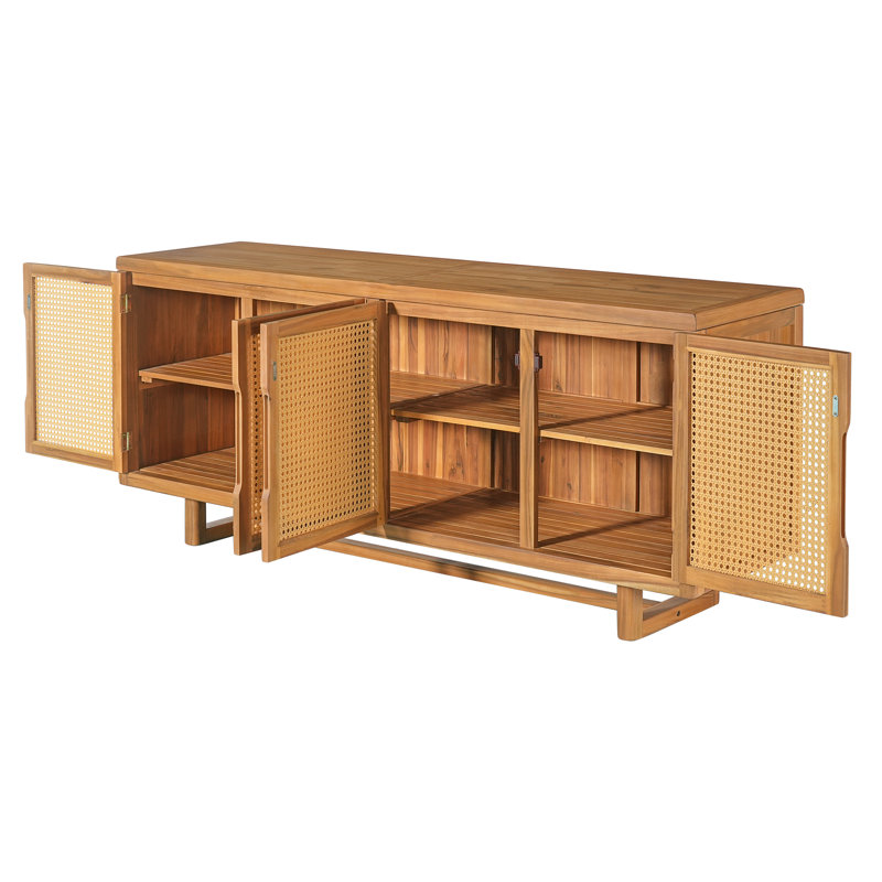 Armoire de rangement Adair Mid-Century moderne en bois d'acacia avec portes en osier de polyéthylène pour patio et jardin