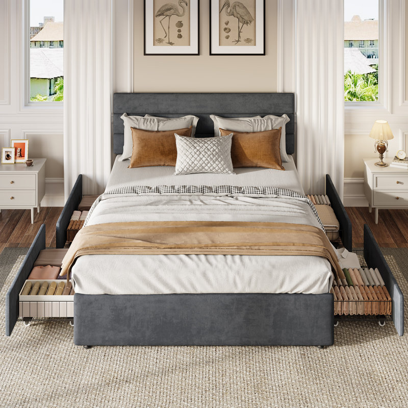 Candler Queen Bed With 4 Drawers And Headboard, Velvet Upholstered Platform Bed, Sturdy Metal & Wooden Slats Support, No Box Spring Needed, Easy Assembly