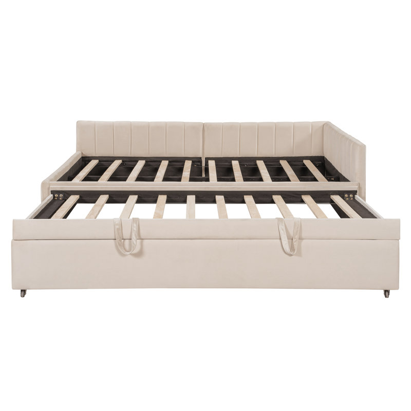 Full Size Upholstered L-Shaped Upholstered Daybed with Twin,Gray Size Pop Up Trundle, Beige