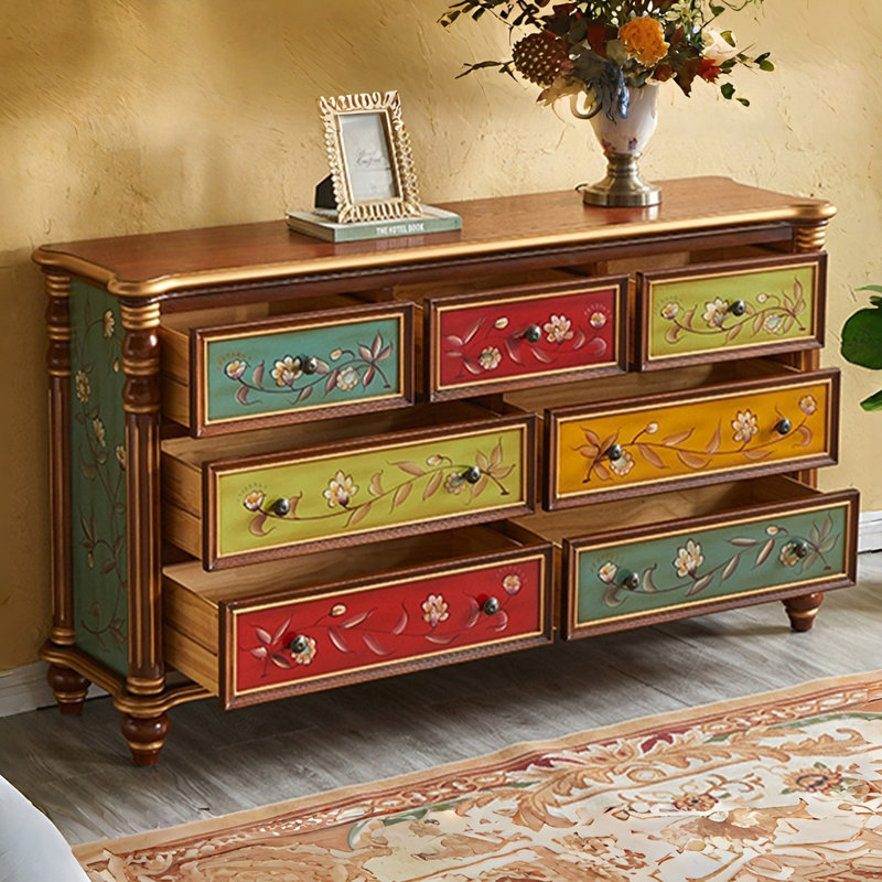 Solid Wood Accent Cabinet, Green/Red/Orange