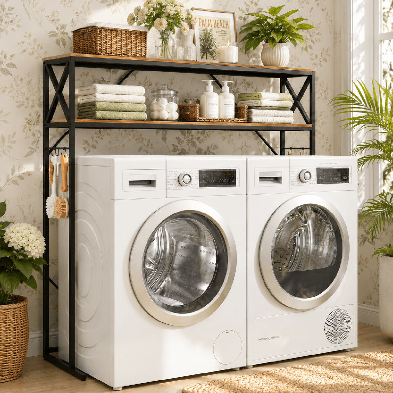 Étagère de rangement autoportante à 2 niveaux avec laveuse et sécheuse avec tablettes réglables, organisateur de salle de lavage compact