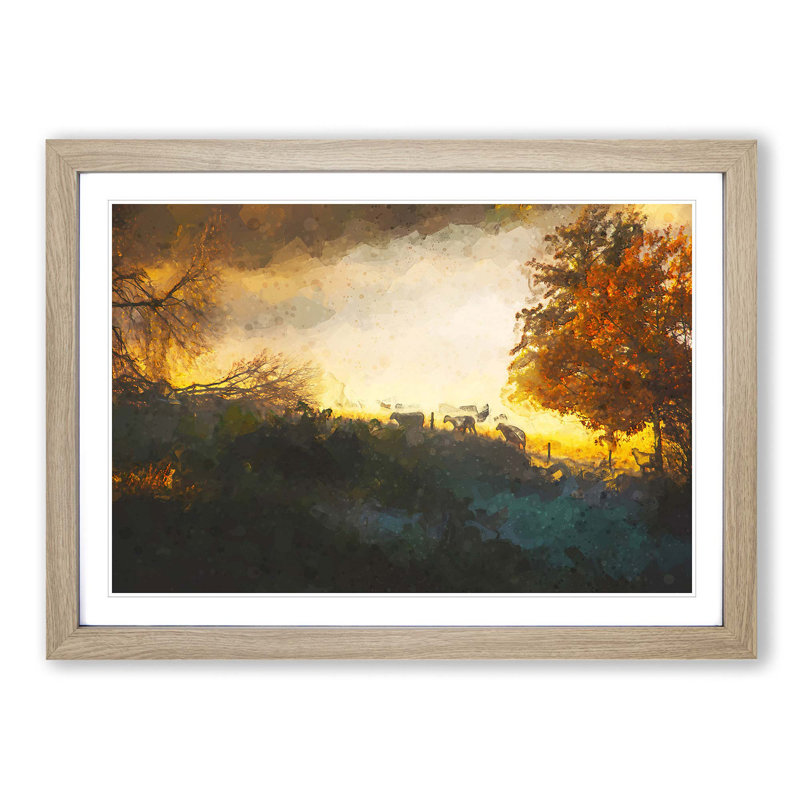 Sheep in Sweden in Abstract - Picture Frame Graphic Art Print, Oak, 60cm H x 91cm W x 2cm D