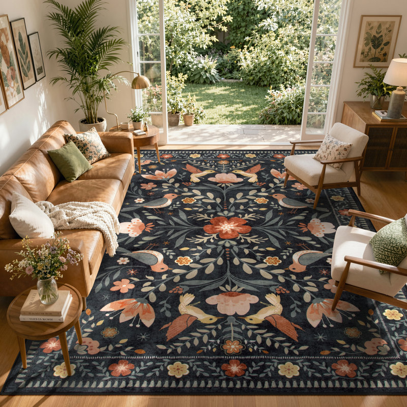 Tapis à motif floral antidérapant Goldene, Rectangle 9 pi x 12 pi
