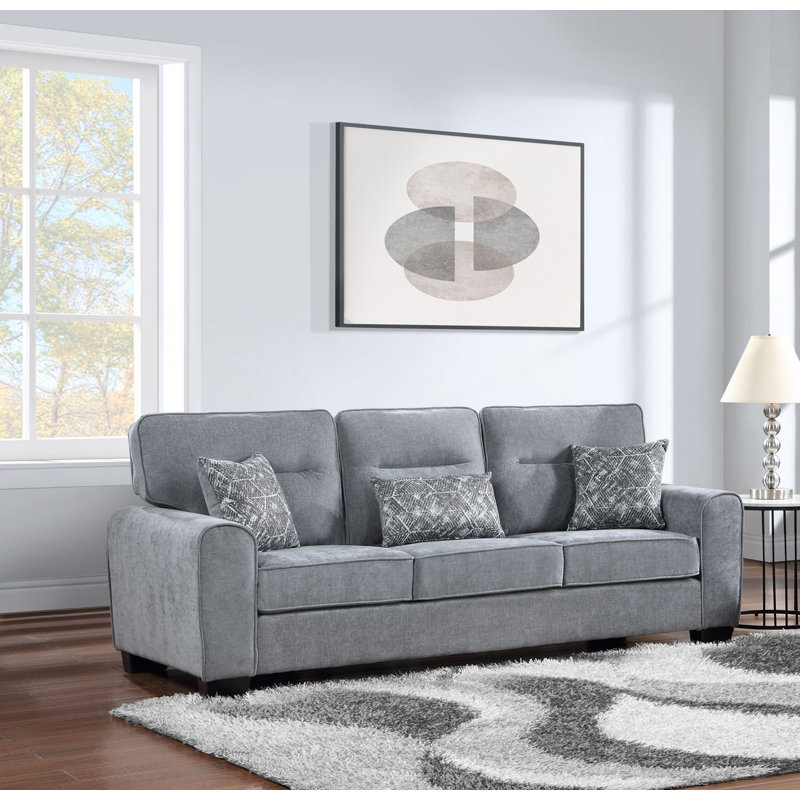 Fabric Cushion Arm Sofa & 3 Throw Pillows, Tommen Light Gray Chenille