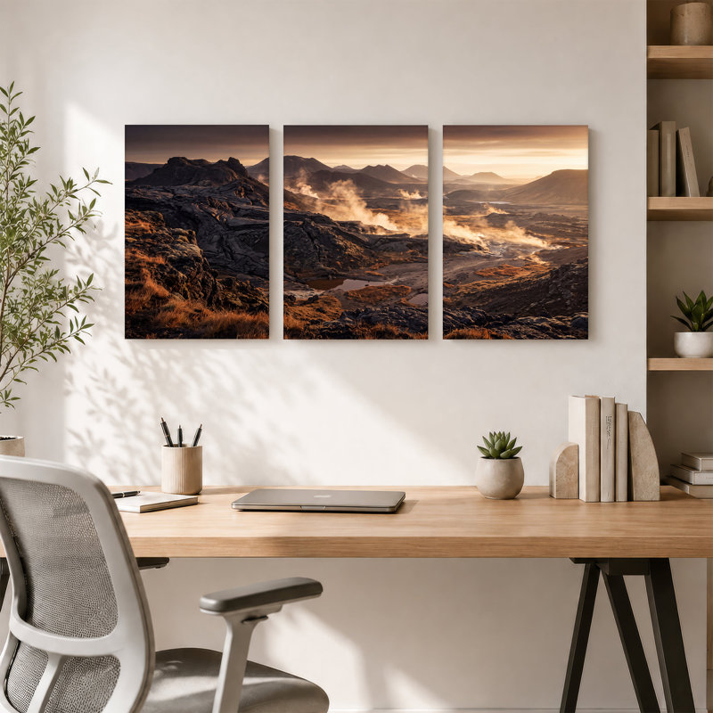 Ensemble d'art sur toile, paysage volcanique robuste avec vapeur et lumière dorée, H 24 po x l 16 po x 3 pièces