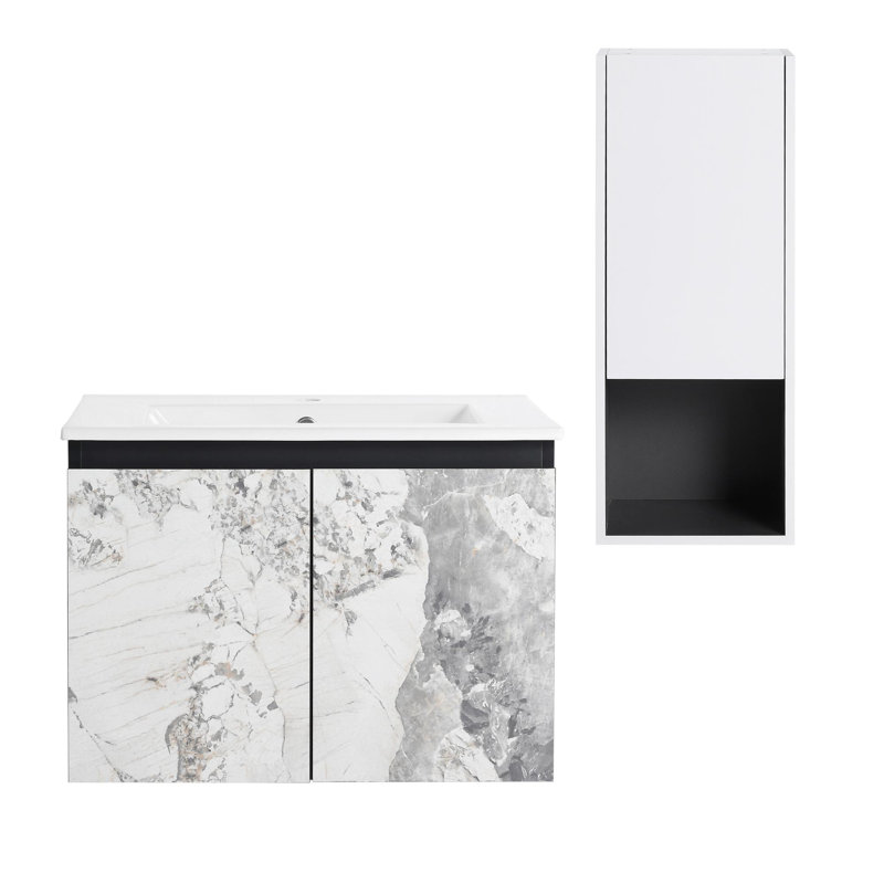  meuble-lavabo mural moderne de qualité minimaliste avec lavabo en céramique et armoires latérales, 24"
