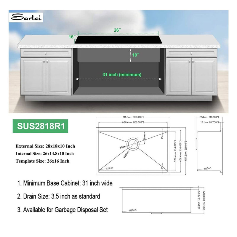 28'' L Single Bowl Stainless Steel Kitchen Sink