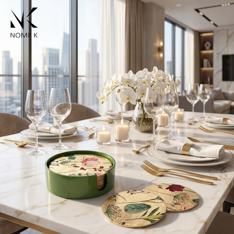 Flower Round Lacquer Coasters with Holder
