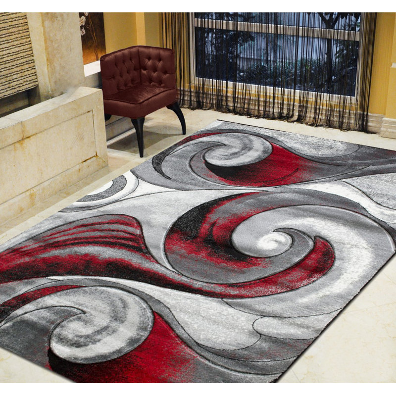 Tapis rouge / gris à motif abstrait Aftan, Rectangle de 7 pi x 10 pi 5 po