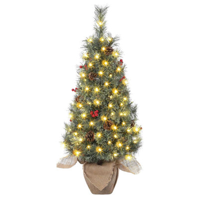 Arbre de Noël 3 pi, petit arbre de Noël, décoration d'arbre de Noël de table avec lumières blanc chaud, vert, pommes de pin, baies rouges, arbre de Noël artificiel en pot pour bureau