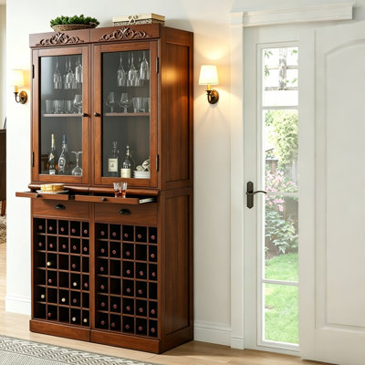 39.37" American‑Style Retro Dark‑Brown Double‑Door Floor‑Standing Solid‑Wood Wine Cabinet, Glass Display Tall Cabinet with Goblet Holders & Wine Storage Slots for Living‑Room