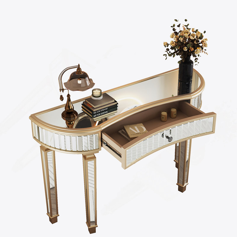 Half-Moon Mirrored Console Table With Fluted Glass And Crystal Knob Drawer, A Versatile And Elegant Addition To Any Home Interior